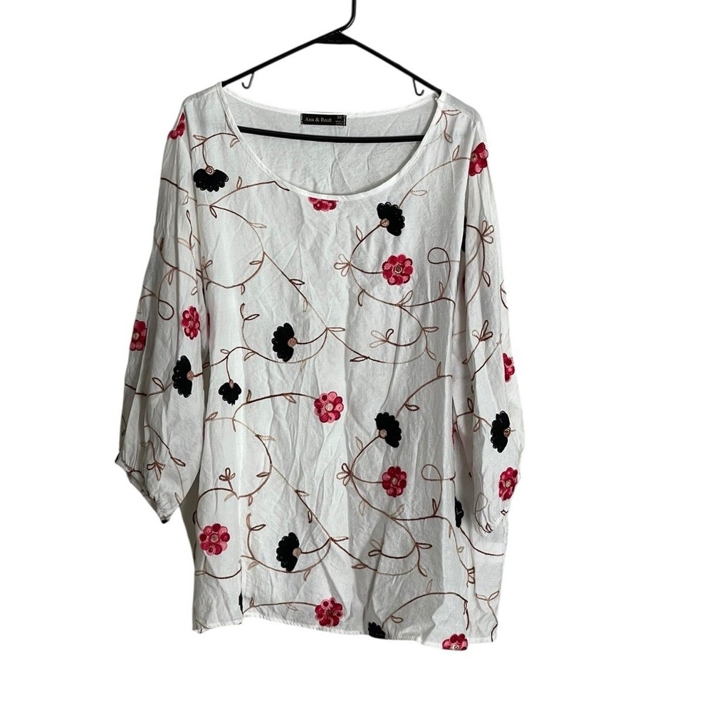 Ana & Rose Blouse Womens 3X White Floral Embroidered Boho Whimsical